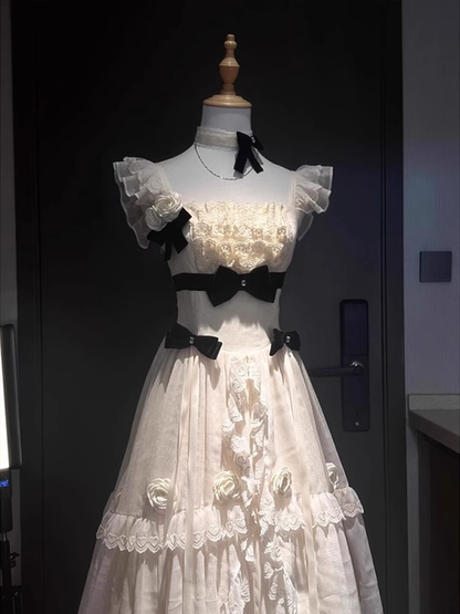 Chic Ball Gown Square Neckline Floral Ivory Lace Party Dresses Birthday Outfits With Black Bowknots