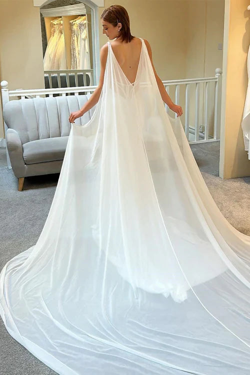 omberprom Elegant Plunge V Mermaid Long Wedding Dress with Detachable Cape
