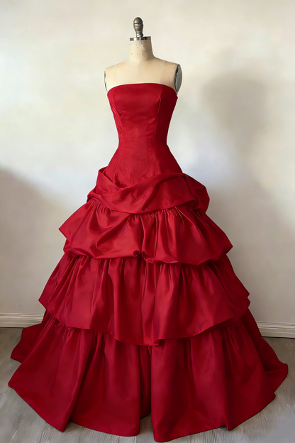 Fashion Strapless Ball Gown Burgundy Satin Layered Long Party Dress Evening Gown