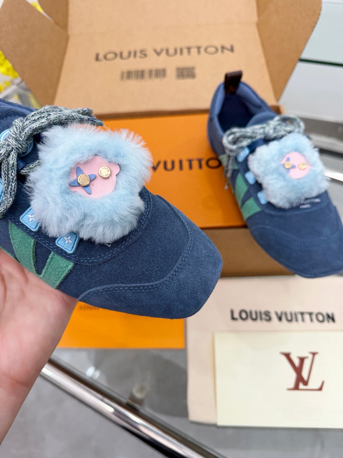 LV Sneakerina Dark Blue Mint Green Suede Fur 579933