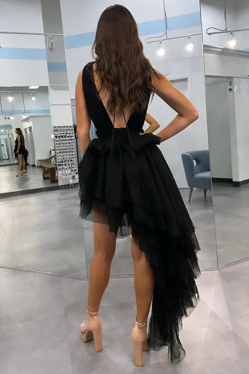 omberprom Elegant Black Evening Dress V Neck Irregular Hem A-Line Prom Dresses