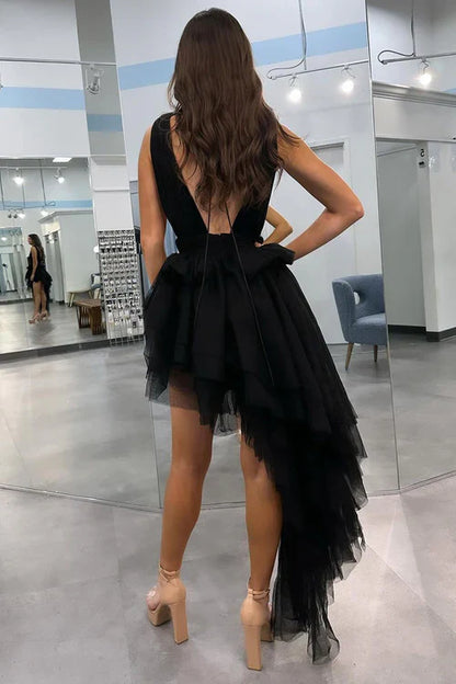 omberprom Elegant Black Evening Dress V Neck Irregular Hem A-Line Prom Dresses
