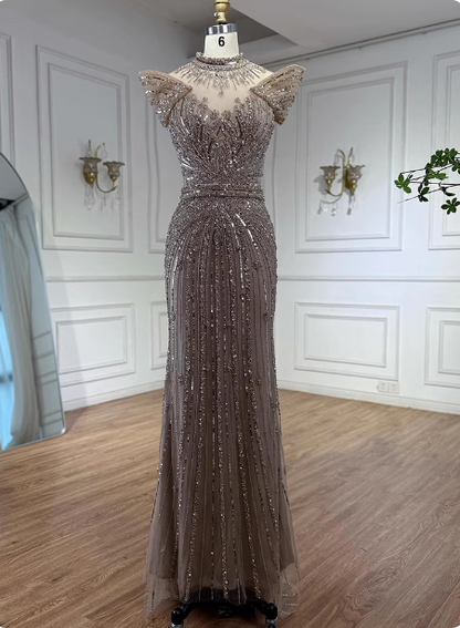 Vintage Champagne Brown Mermaid Stand Collar Shoulder Sleeve Full Diamond Sequin Tulle Long Prom Dress Evening Dress P4510