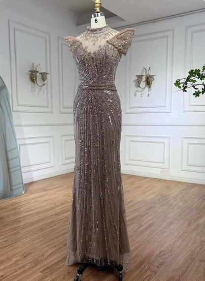 Vintage Champagne Brown Mermaid Stand Collar Shoulder Sleeve Full Diamond Sequin Tulle Long Prom Dress Evening Dress P4510