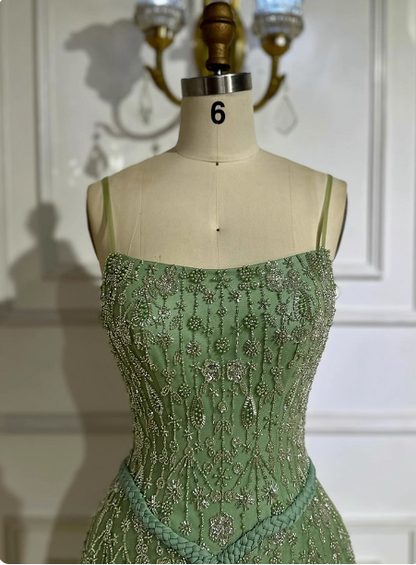 Gorgeous Green A-line Square Neck Spaghetti Strap Beaded Embroidered Tulle Long Prom Dress Evening Dress P4517