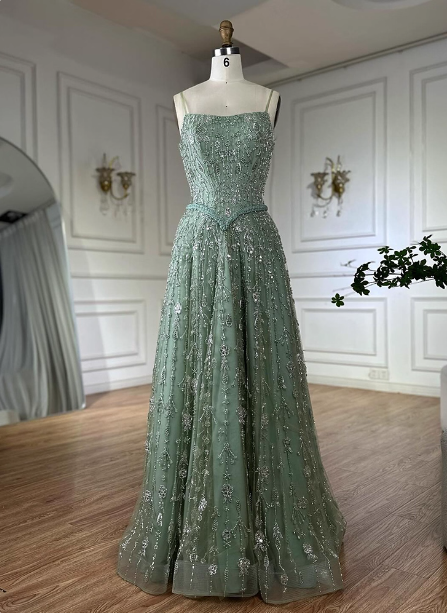 Gorgeous Green A-line Square Neck Spaghetti Strap Beaded Embroidered Tulle Long Prom Dress Evening Dress P4517