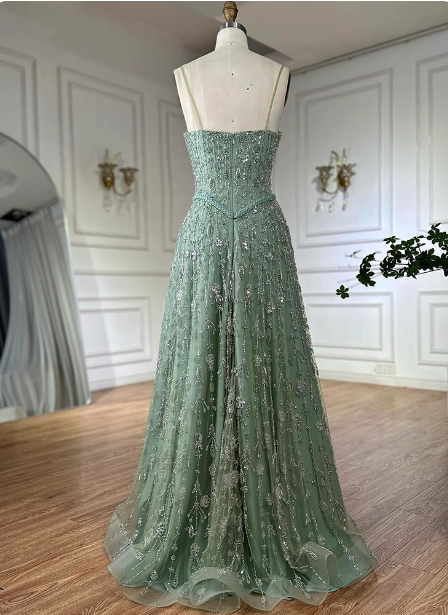 Gorgeous Green A-line Square Neck Spaghetti Strap Beaded Embroidered Tulle Long Prom Dress Evening Dress P4517