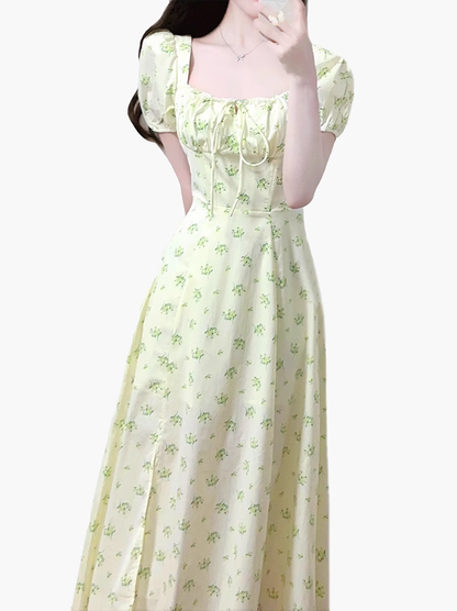 2025 Summer New French Square Neck Puff Sleeve Small Fresh Floral Long Dress R0958