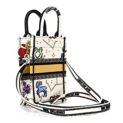 Canvas Embroidered Pixel Zodiac Mini Book Tote Phone Bag Latte Multicolor