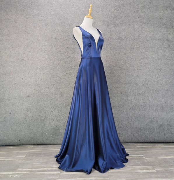 Elegant Navy Blue A-line V-neck Satin Long Prom Dress Evening Dress P4519