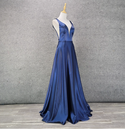 Elegant Navy Blue A-line V-neck Satin Long Prom Dress Evening Dress P4519