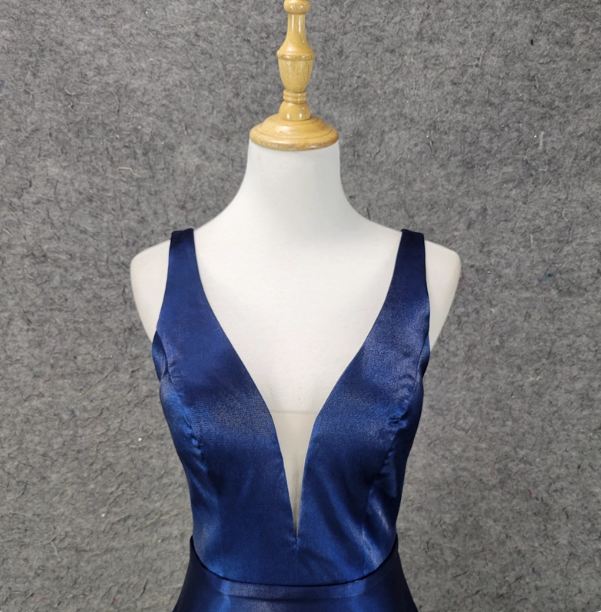 Elegant Navy Blue A-line V-neck Satin Long Prom Dress Evening Dress P4519