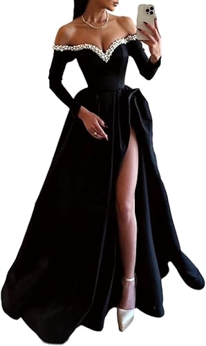 omberprom A-Line Sexy Evening Dress Formal Prom Dress Sweep/Brush Train Long Sleeve Off Shoulder Satin with Pearls Slit