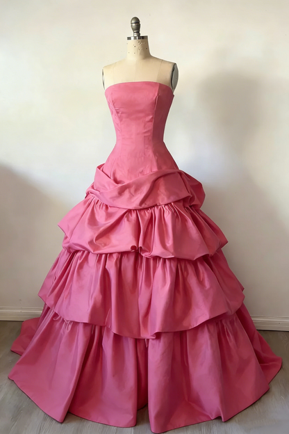 Fashion Strapless Ball Gown Burgundy Satin Layered Long Party Dress Evening Gown