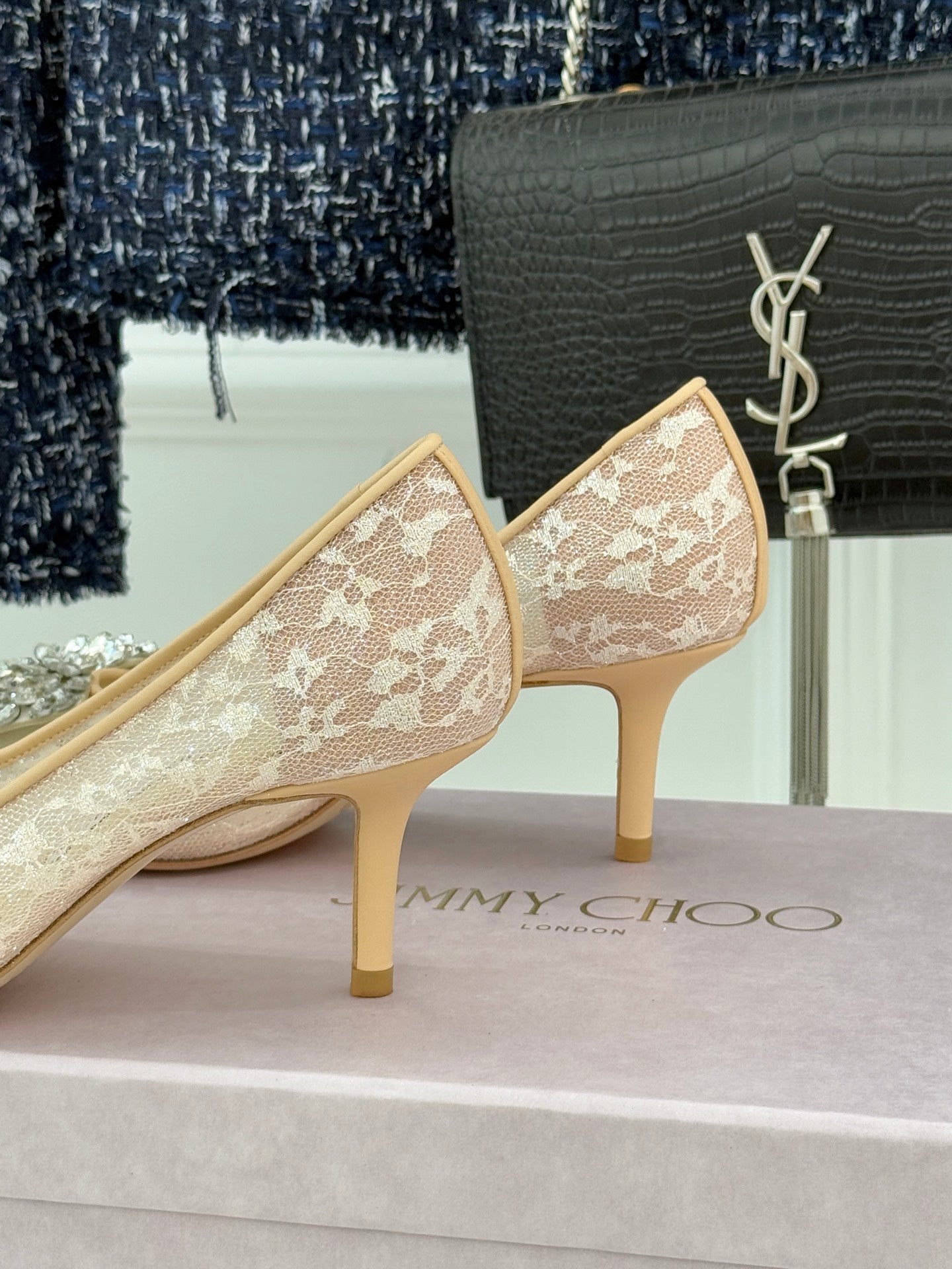 JC25WF Rhinestone Bow Pionted Toe High Heels 65 Nude Sheepskin 573536
