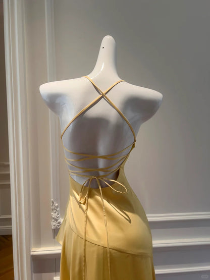 Elegant Yellow Irregular Halter Neck Satin Short Front Long Back Prom Dress P4052