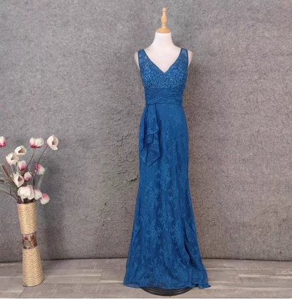Elegant Vintage Royal Blue V-neck Lace Long Prom Dress Evening Dress P4521