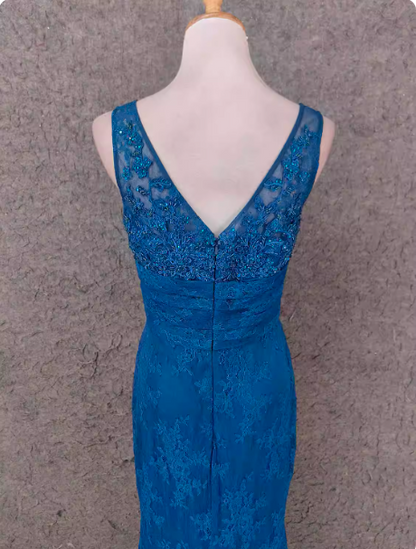 Elegant Vintage Royal Blue V-neck Lace Long Prom Dress Evening Dress P4521