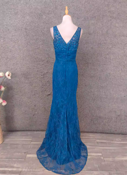 Elegant Vintage Royal Blue V-neck Lace Long Prom Dress Evening Dress P4521