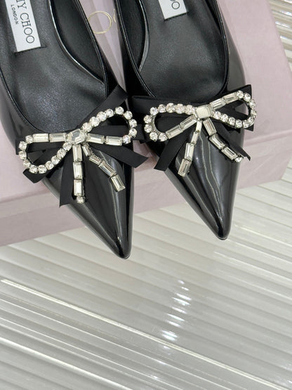 Jimmy Choo 26WF Pointed Toe Rhinestone Bow Chunky Heel Black in  Sheepskin 573540