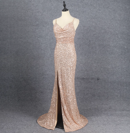Shining Rose Gold Mermaid Spaghetti Strap V-neck Slit Sequin Long Prom Dress Evening Dress P4522