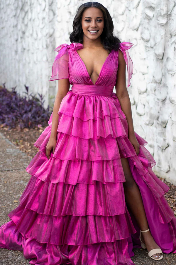 omberprom Glitter Tie Straps Pink Plunging Neck Tiered Long Prom Dress