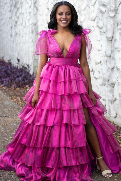 omberprom Glitter Tie Straps Pink Plunging Neck Tiered Long Prom Dress