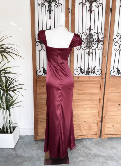 Vintage Navy Blue Mermaid Puff Sleeve Satin Long Prom Dress Evening Dress P4526