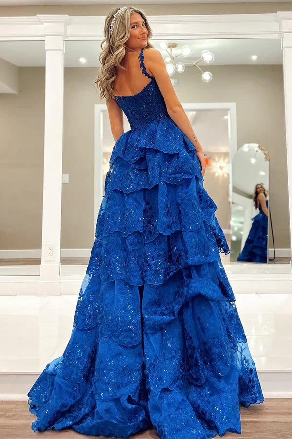 omberprom Elegant Blue Evening Dress Tulle Sequin Sweetheart Ruffle Tiered Long Gown