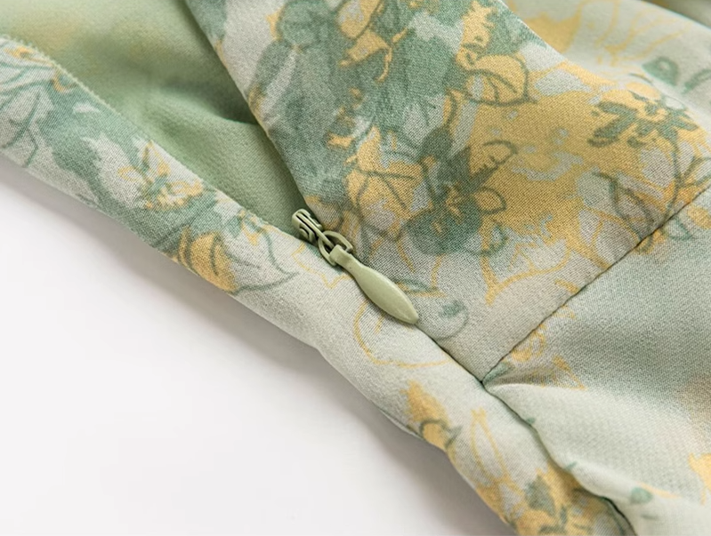 2025 Summer New Green Floral French Tea Break Seaside Vacation Long Dress R0975
