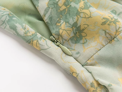 2025 Summer New Green Floral French Tea Break Seaside Vacation Long Dress R0975