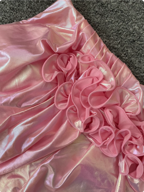 Iridescent Pink Mermaid One-shoulder 3D Floral Slit Satin Long Prom Dress Evening Dress P4531