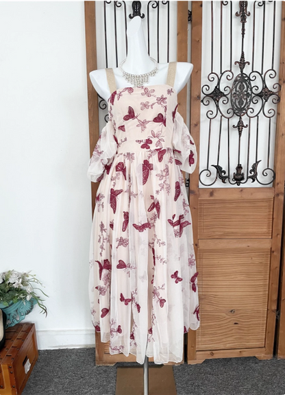 Sweet Butterfly Printed Strap Puff Sleeve Midi-length Tulle Prom Dress Evening Dress P4532