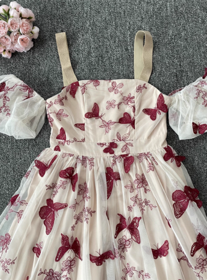 Sweet Butterfly Printed Strap Puff Sleeve Midi-length Tulle Prom Dress Evening Dress P4532