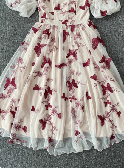 Sweet Butterfly Printed Strap Puff Sleeve Midi-length Tulle Prom Dress Evening Dress P4532