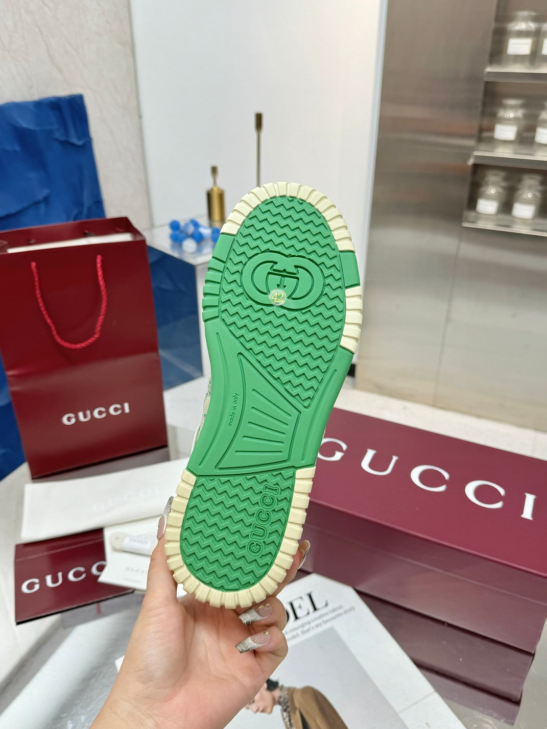 GG Re-Web Sneakers Light Green White Suede Cowhide Fabric 564720