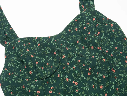 2025 Summer New Retro Platycodon Floral Green Holiday Short Suspender Dress R0906