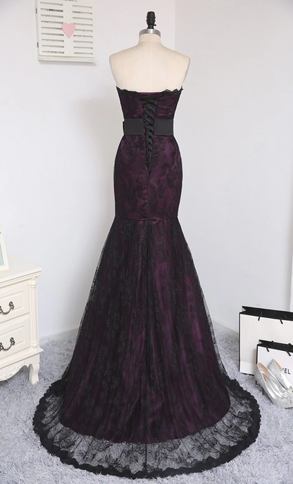 Gothic Purple and Black Lace Mermaid Prom Gown Strapless Floor Length Party Dress Evening Dress