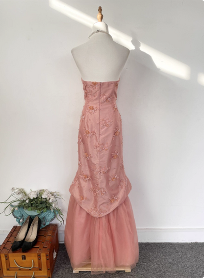 Gorgeous Princess Pink Mermaid Sweetheart Neck Embroidered Floral Satin Tulle Long Prom Dress Evening Dress P4535