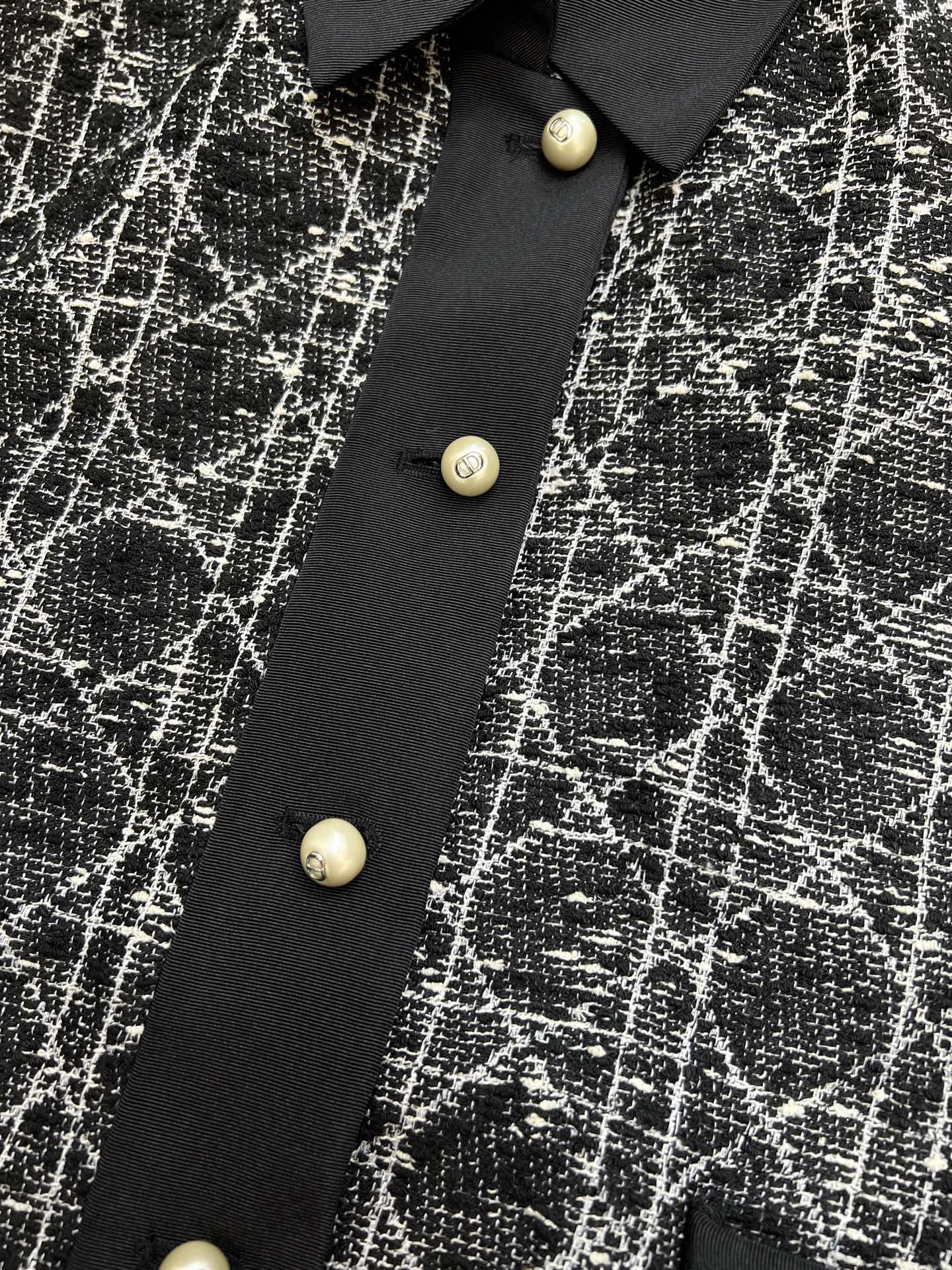 Dior 2025 Cannage Tweed Jacket with Pearl Buttons Black White Cotton