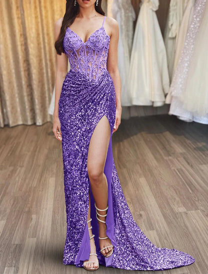 omberprom Mermaid / Trumpet Prom Dresses Dresses Gowns Evening Dresses Formal Wedding Guest Floor Length Sleeveless Spaghetti Strap Sequined with Slit Appliques