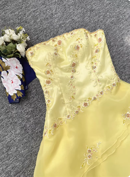 Sweet Princess Yellow A-line Strapless Beaded Embroidered Tulle Long Prom Dress Evening Dress P4537