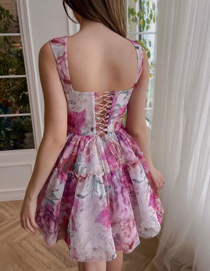 Rose Red Floral Sling Waist Slim Fit A-Line Sexy Short Skirt Homecoming Dress R4014