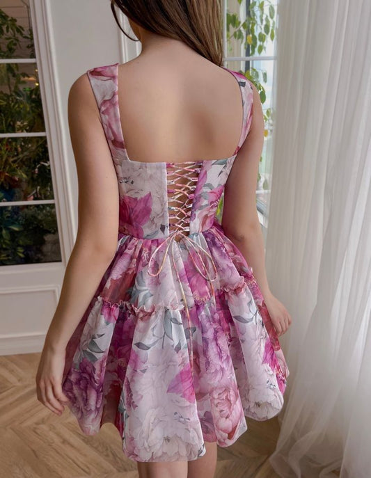 Rose Red Floral Sling Waist Slim Fit A-Line Sexy Short Skirt Homecoming Dress R4014