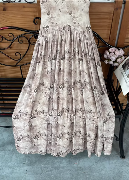 Beautiful Milk Tea Color Spaghetti Strap V-neck Printed Satin Long Prom Dress Evening Dress P4538