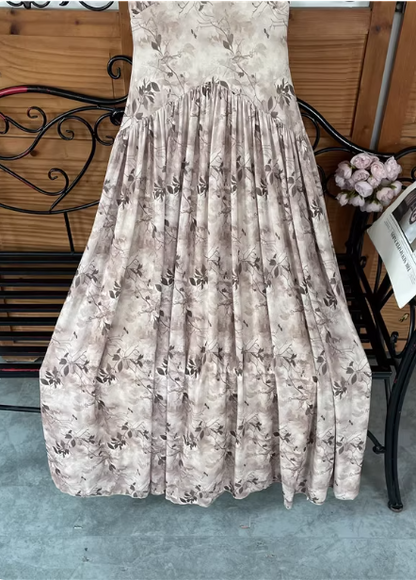 Beautiful Milk Tea Color Spaghetti Strap V-neck Printed Satin Long Prom Dress Evening Dress P4538