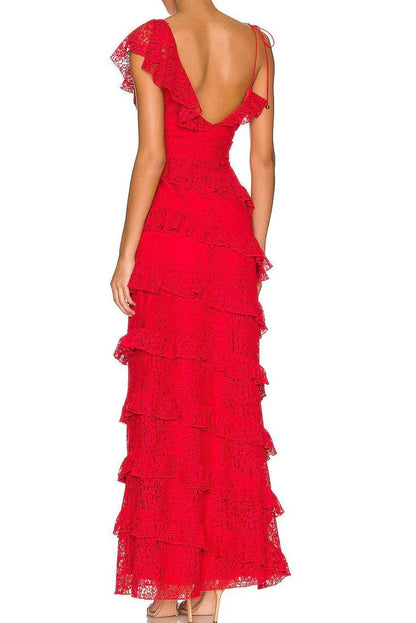 omberprom Elegant Red Lace Long Prom Dress Tiered Evening Dresses Graduation Gown