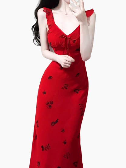 2025 Summer New Red Sexy V-neck Wood Ear Edge Floral Sleeveless Holiday Dress R0905