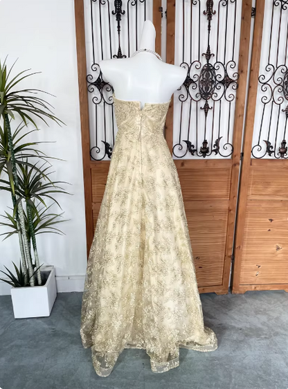 Luxurious Champagne Gold A-line Strapless Embroidered Lace Tulle Long Prom Dress Evening Dress P4540