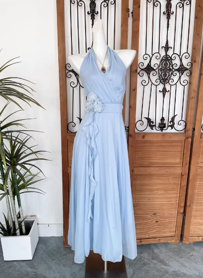 Elegant Light Blue A-line Halter V-neck 3D Floral Chiffon Long Prom Dress Evening Dress P4541